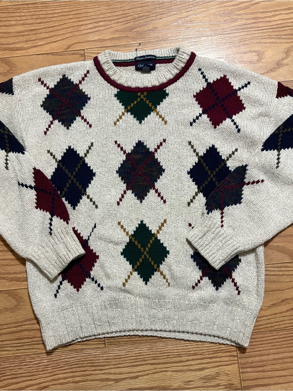 Salty Dog Gant Beige Argyle Chunky Knit Cotton Vintage Sweater Men L Crewneck